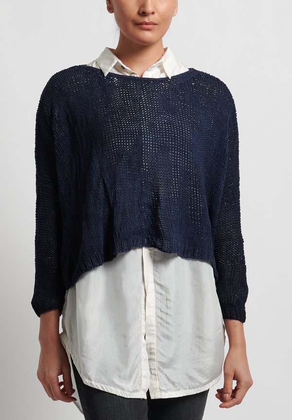 Umit Unal Cotton Handknit Loose Crop Sweater in Indigo	