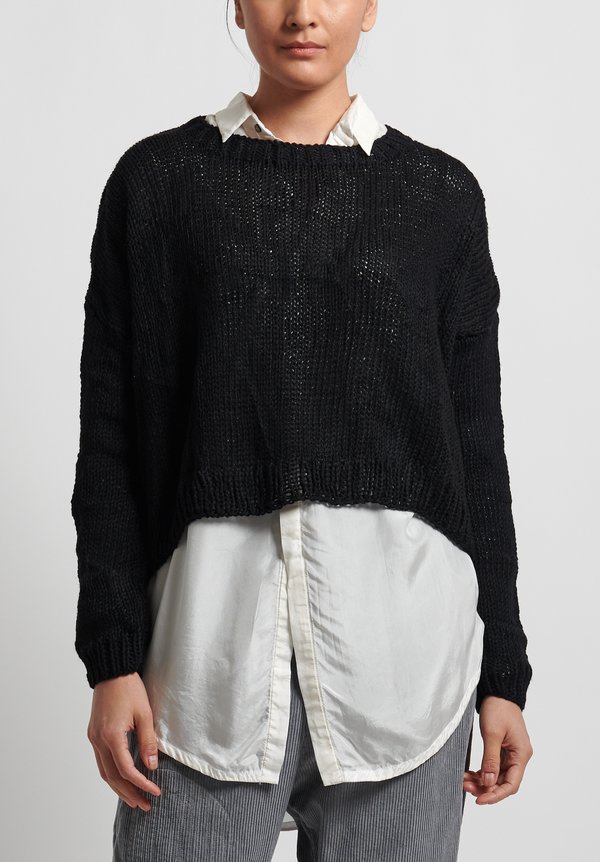 Umit Unal Wool Handknit Drop Shoulder Sweater in Black	