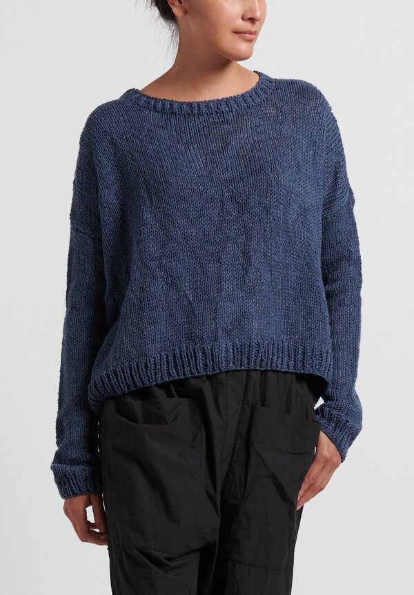 Umit Unal Wool Handknit Drop Shoulder Sweater in Indigo	