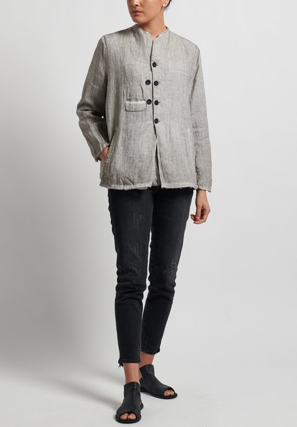 Umit Unal Linen Collarless Frayed Edge Jacket in Medium Grey	