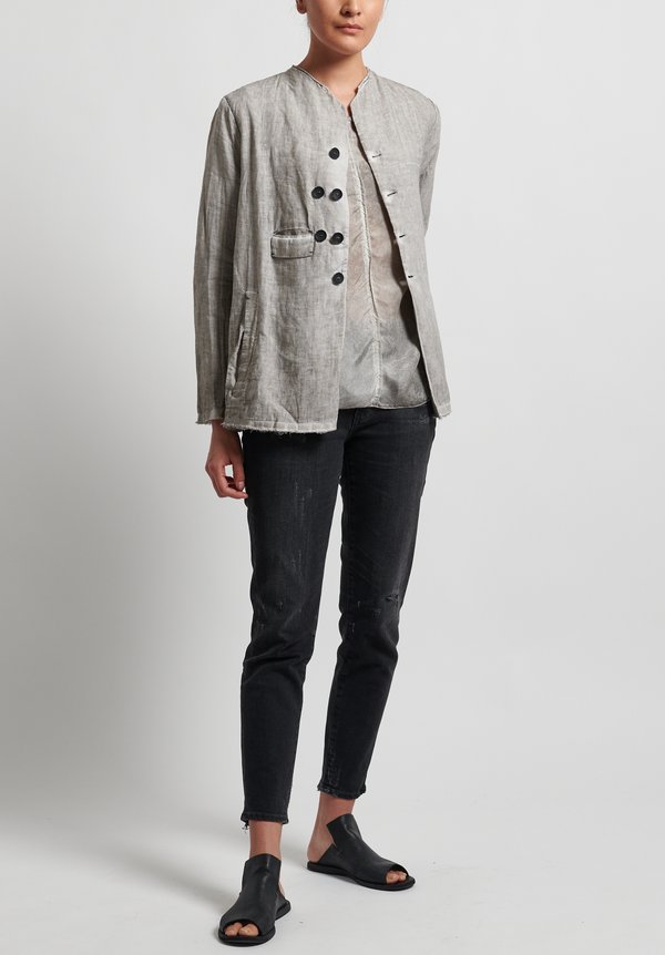 Umit Unal Linen Collarless Frayed Edge Jacket in Medium Grey	