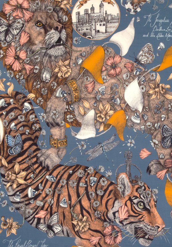 Sabina Savage Wool/Silk The Lion and Tiger's Tea Scarf in Sapphire/Gold	