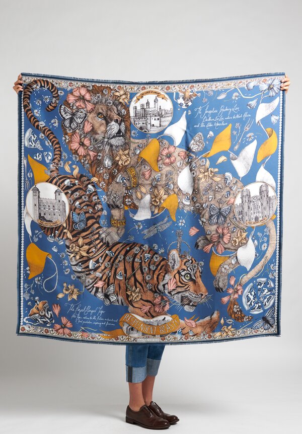 Sabina Savage Silk Twill The Lion and Tiger's Tea Party Scarf in Sapphire	