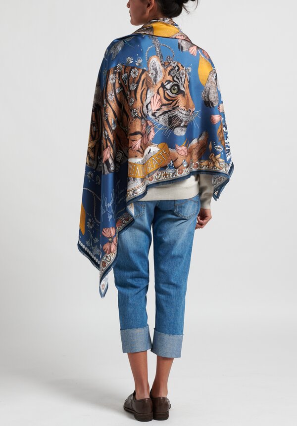 Sabina Savage Silk Twill The Lion and Tiger's Tea Party Scarf in Sapphire	