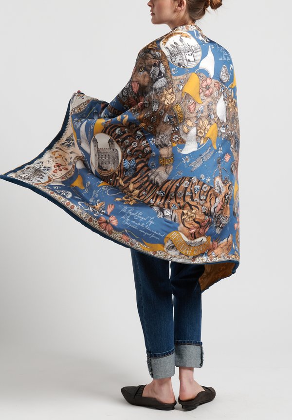 Sabina Savage Silk Twill/Cashmere The Lion and Tiger's Tea Party Scarf in Sapphire/Gold	