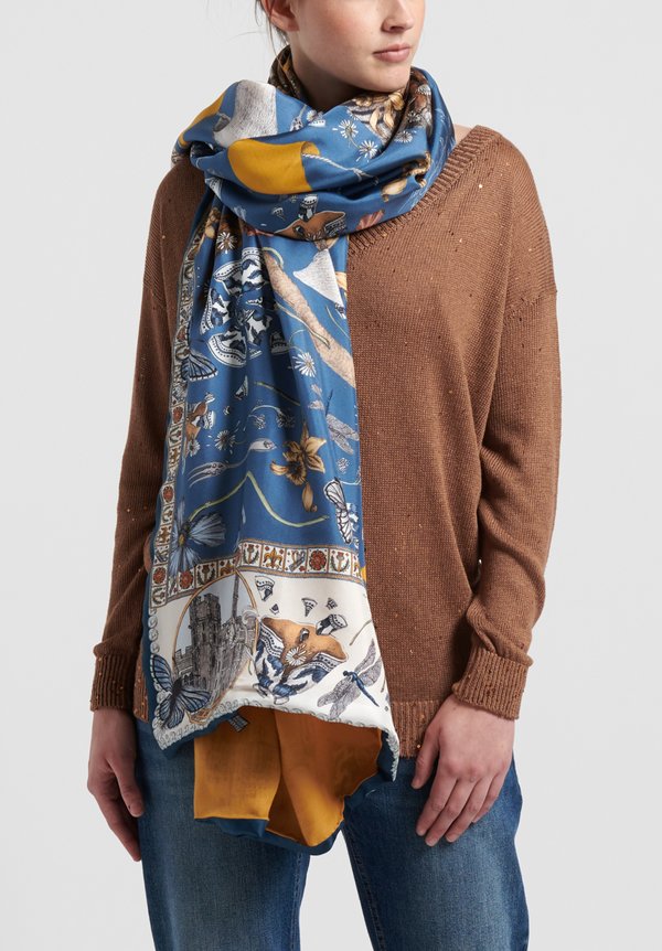 Sabina Savage Silk Twill/Cashmere The Lion and Tiger's Tea Party Scarf in Sapphire/Gold	