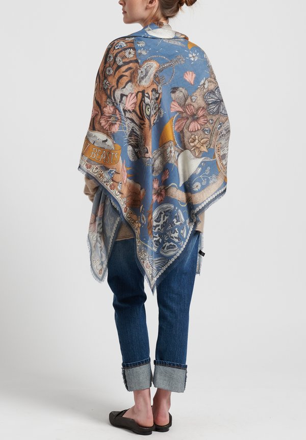 Sabina Savage Cashmere Lion and Tiger's Tea Party Scarf in Sapphire/Gold	