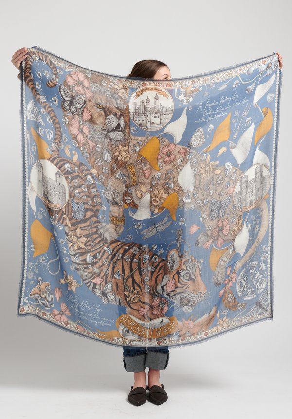 Sabina Savage Cashmere Lion and Tiger's Tea Party Scarf in Sapphire/Gold	