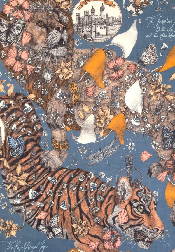 Sabina Savage Cashmere Lion and Tiger's Tea Party Scarf in Sapphire/Gold	