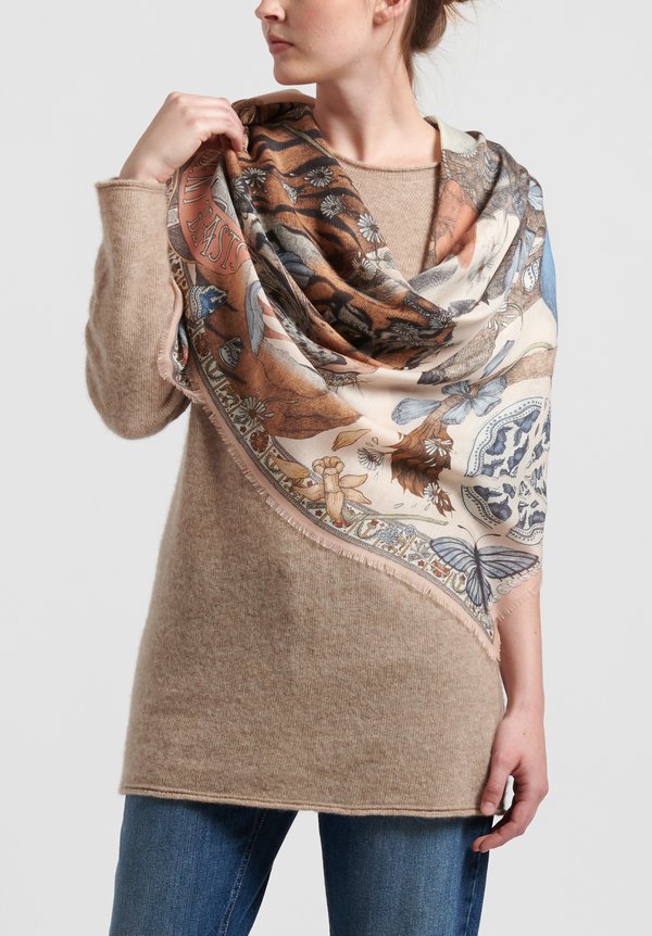 Sabina Savage Cashmere Lion and Tiger's Tea Party Scarf in Peony/Quartz	