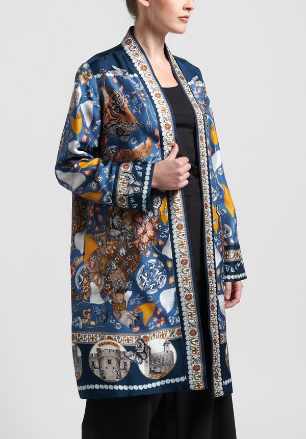 Sabina Savage Silk The Lion and Tiger's Tea Party Midi Jacket in Sapphire/Gold	