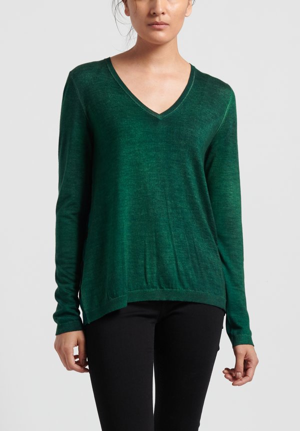 Avant Toi Cashmere/ Silk Printed Back V-Neck Sweater in Nero/ Smeraldo/ Carriage