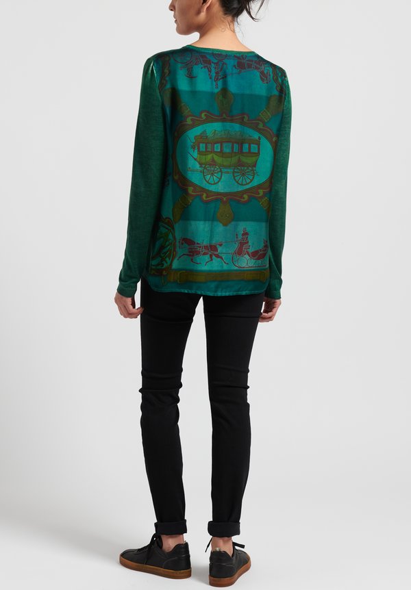 Avant Toi Cashmere/ Silk Printed Back V-Neck Sweater in Nero/ Smeraldo/ Carriage