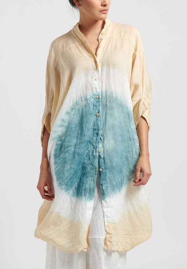 Gilda Midani Pattern Dyed Linen Square Organdy Dress in Circle Ocean Hot Sand	