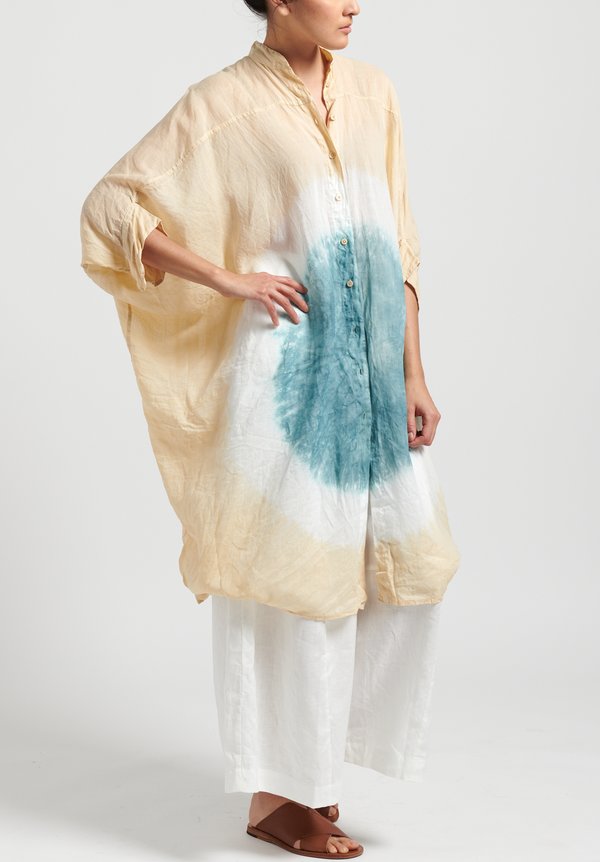 Gilda Midani Pattern Dyed Linen Square Organdy Dress in Circle Ocean Hot Sand	