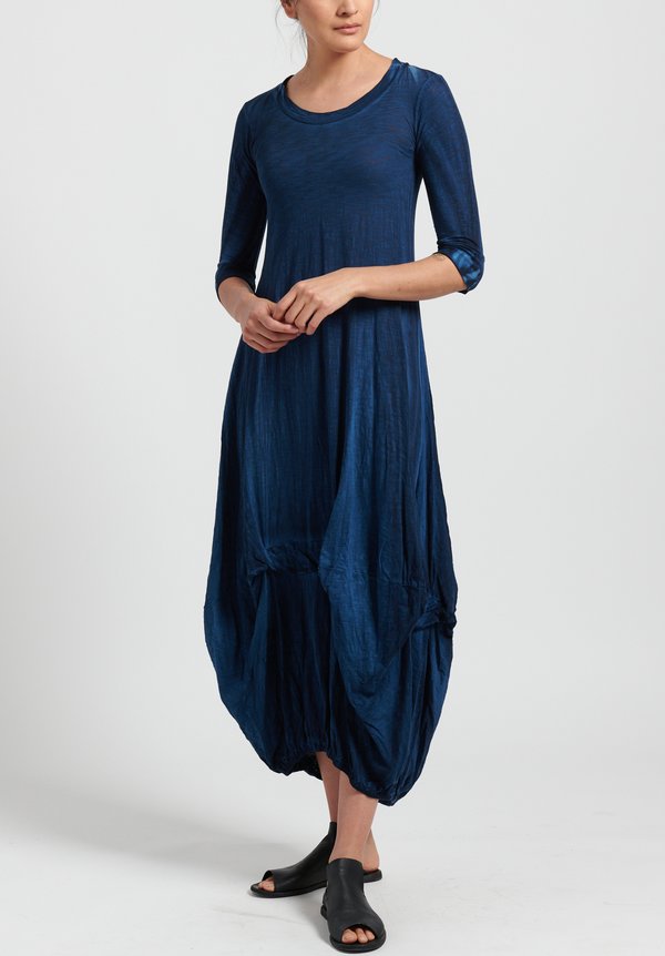 Gilda Midani Solid Dyed 3/4 Sleeve Balloon Dress in Indigo Blue	