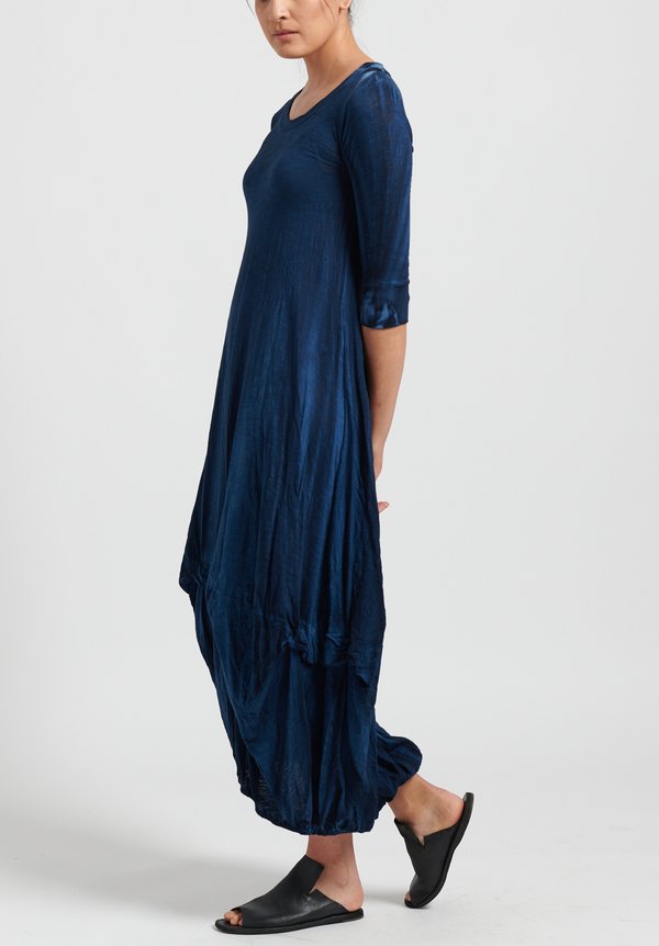 Gilda Midani Solid Dyed 3/4 Sleeve Balloon Dress in Indigo Blue	