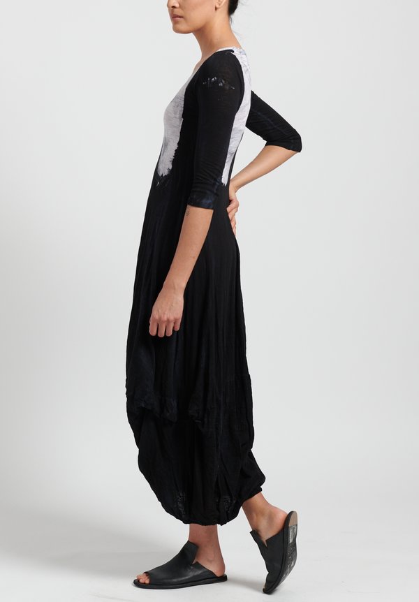 Gilda Midani Pattern Dyed 3/4 Sleeve Balloon Dress in Brush White + Black	