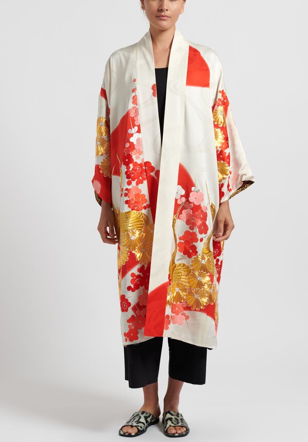 Rianna & Nina Silk One-Of-A-Kind Reversible Vintage Kimono Coat in White/ Red	
