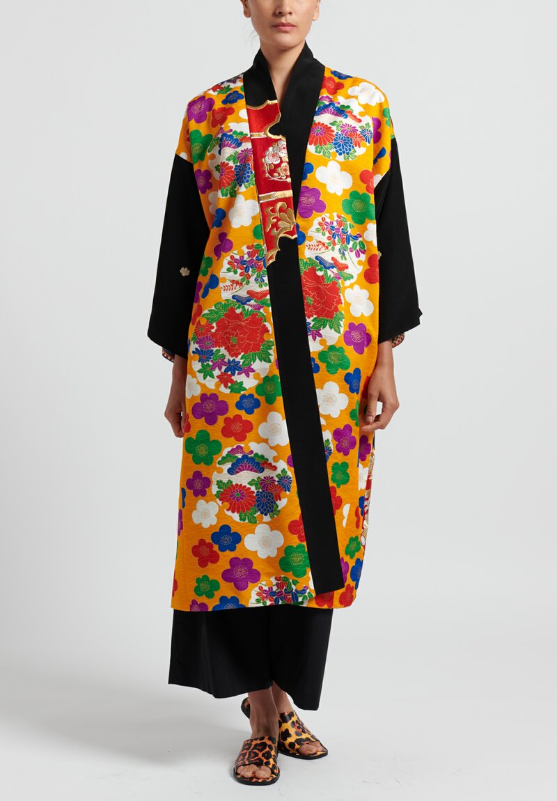 Rianna & Nina Silk One-Of-A-Kind Reversible Vintage Kimono Coat in Orange/ Black