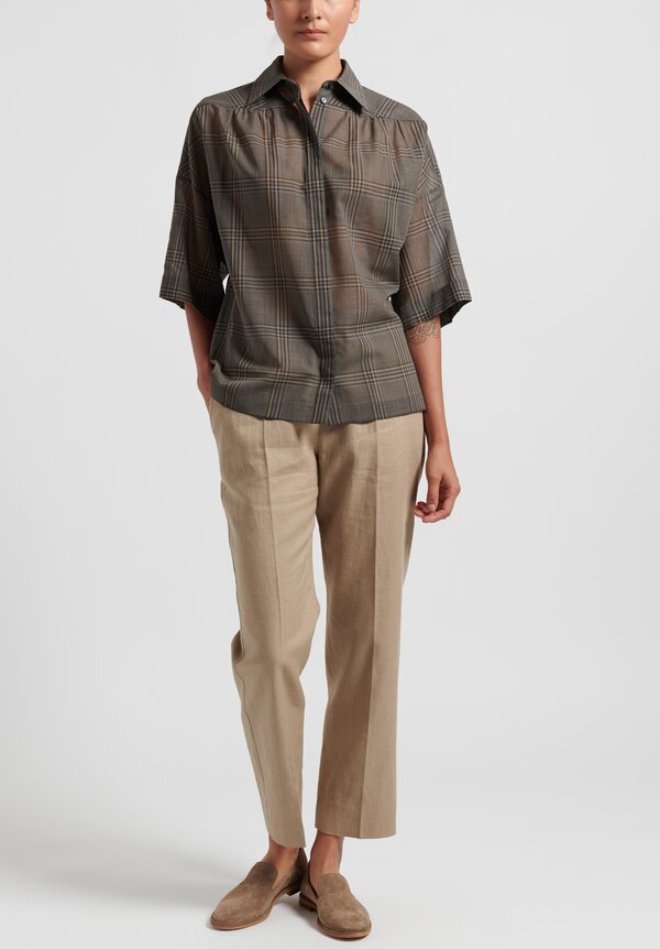 Agnona Wool/Silk Voile Check Shirt in Brown/Grey	