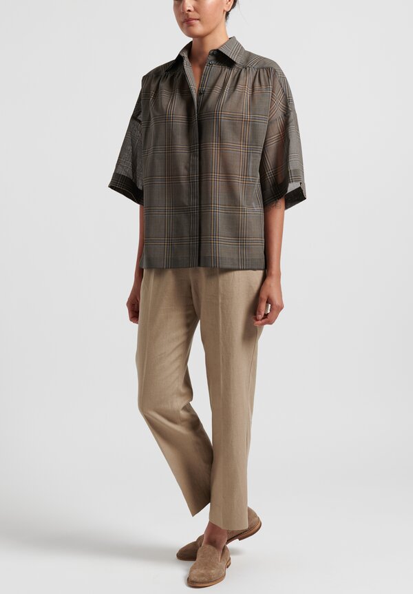 Agnona Wool/Silk Voile Check Shirt in Brown/Grey	