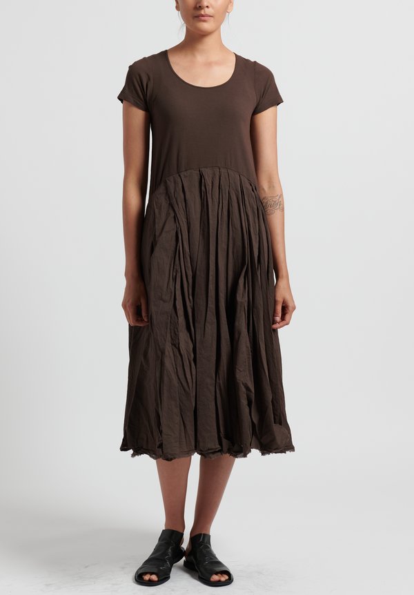 Rundholz Dip Ribbed and Pleated Short Sleeve Dress in Rust Santa