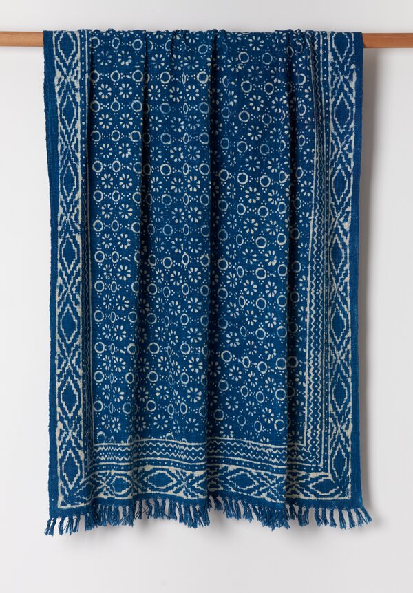 Antique and Vintage Handloom Indigo Cotton Batik Throw in Blue	