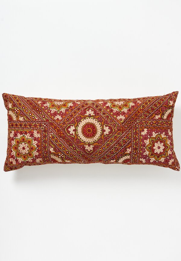 Antique and Vintage Long Embroidered Mirror Indian Pillow in Red Orange	