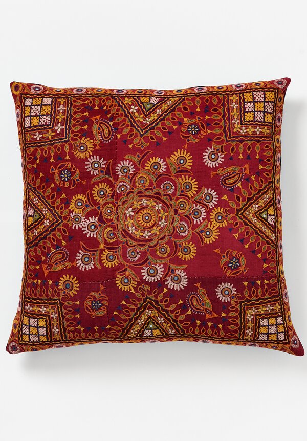 Shobhan Porter Square Hand Embroidered Indian Pillow Red/ Blue	