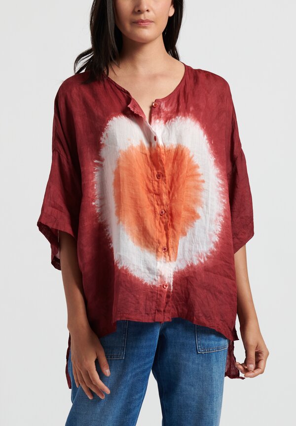 Gilda Midani Pattern Dyed Linen Button-Down Super Shirt in Circle Burn/ Pepper/ White	