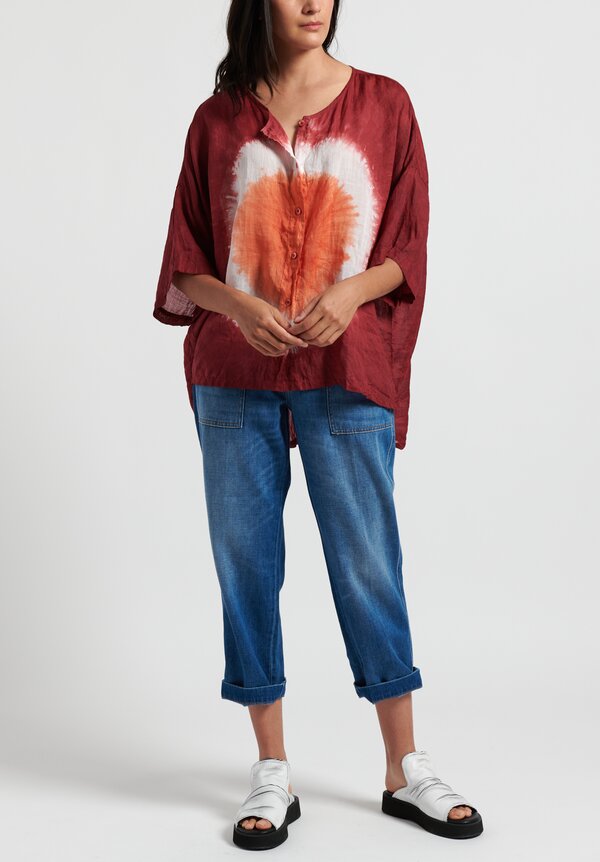 Gilda Midani Pattern Dyed Linen Button-Down Super Shirt in Circle Burn/ Pepper/ White	
