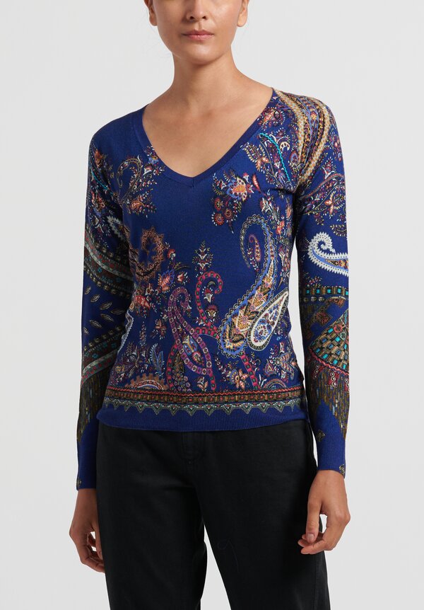 Etro V-Neck Paisley Silk and Cashmere Sweater in Blue	