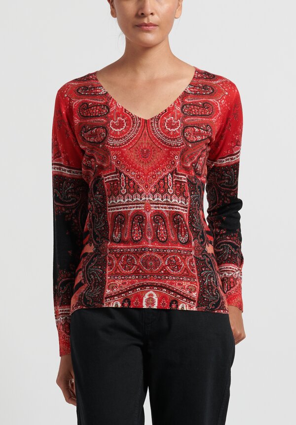 Etro V-Neck Paisley Silk and Cashmere Sweater in Red	