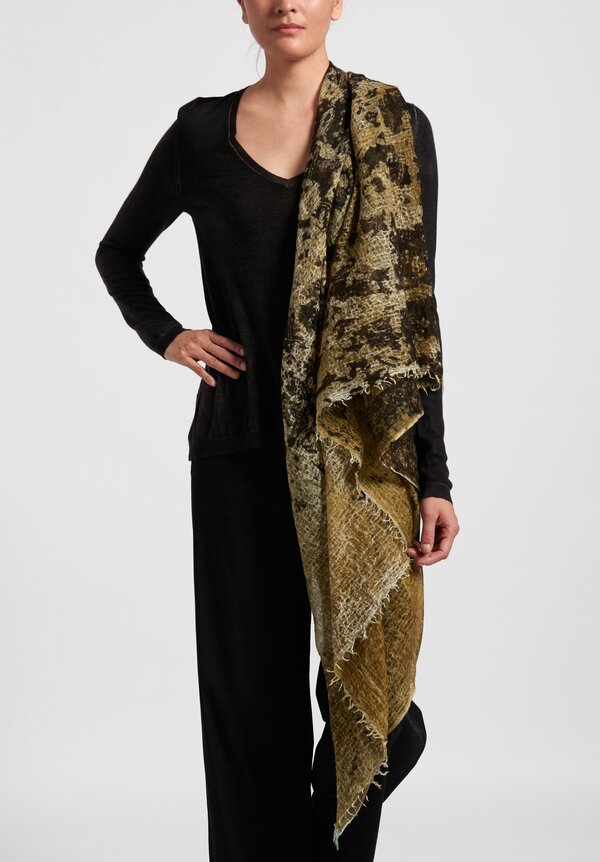Avant Toi Cashmere Distressed Print Scarf in Olive	