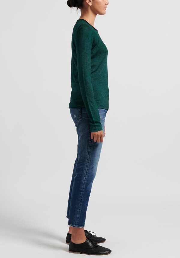 Avant Toi Cashmere/Silk Lightweight Fitted Rolled Hem Sweater in Pavone	