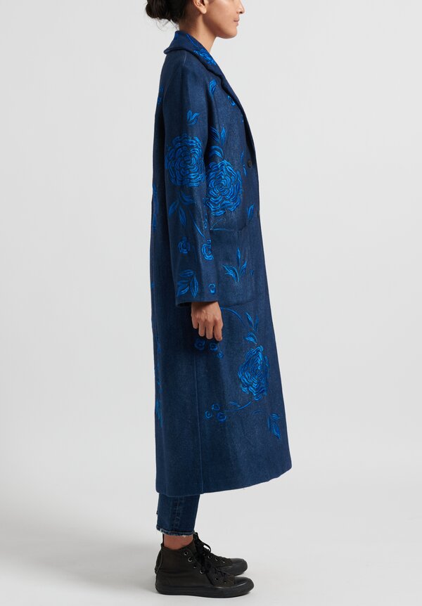 Avant Toi Notch Lapel Felted Coat with Rose Embroidery in Navy	