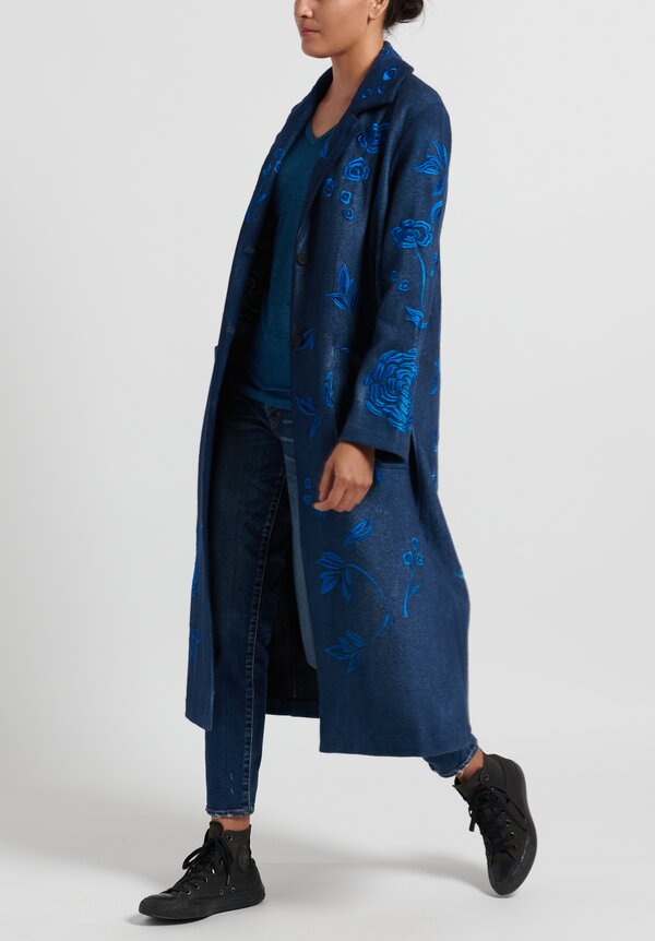 Avant Toi Notch Lapel Felted Coat with Rose Embroidery in Navy	