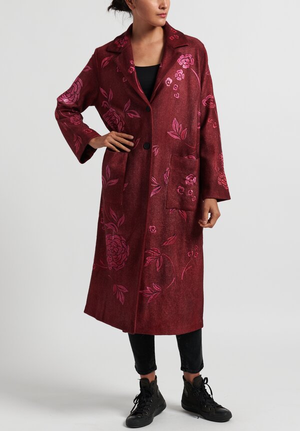 Avant Toi Notch Lapel Felted Coat with Rose Embroidery in Wine