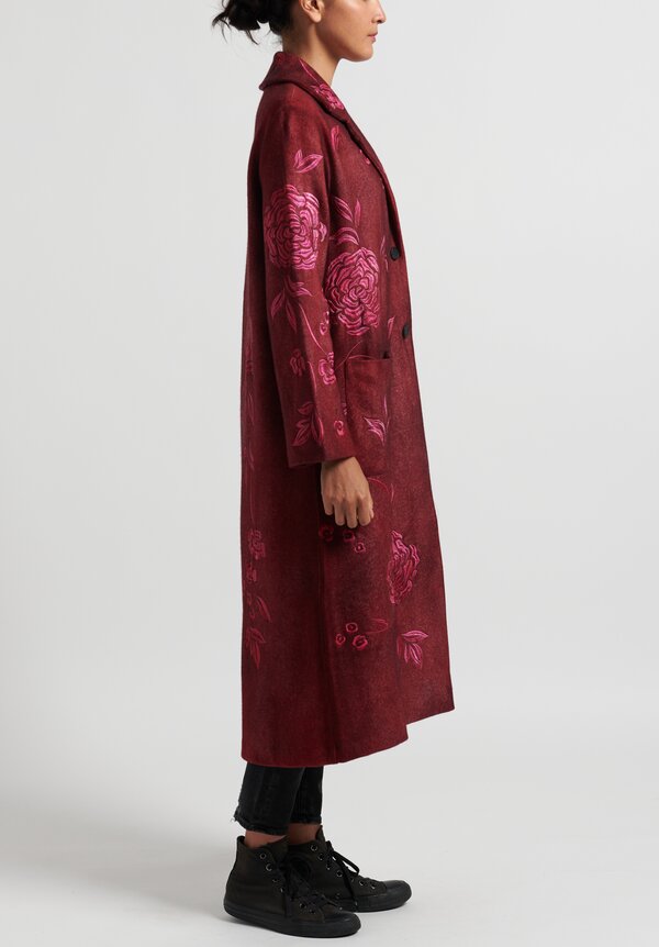 Avant Toi Notch Lapel Felted Coat with Rose Embroidery in Wine