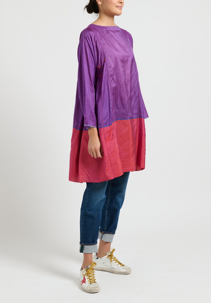 Pero Silk Color-Block Button Up Back Tunic Dress in Purple	