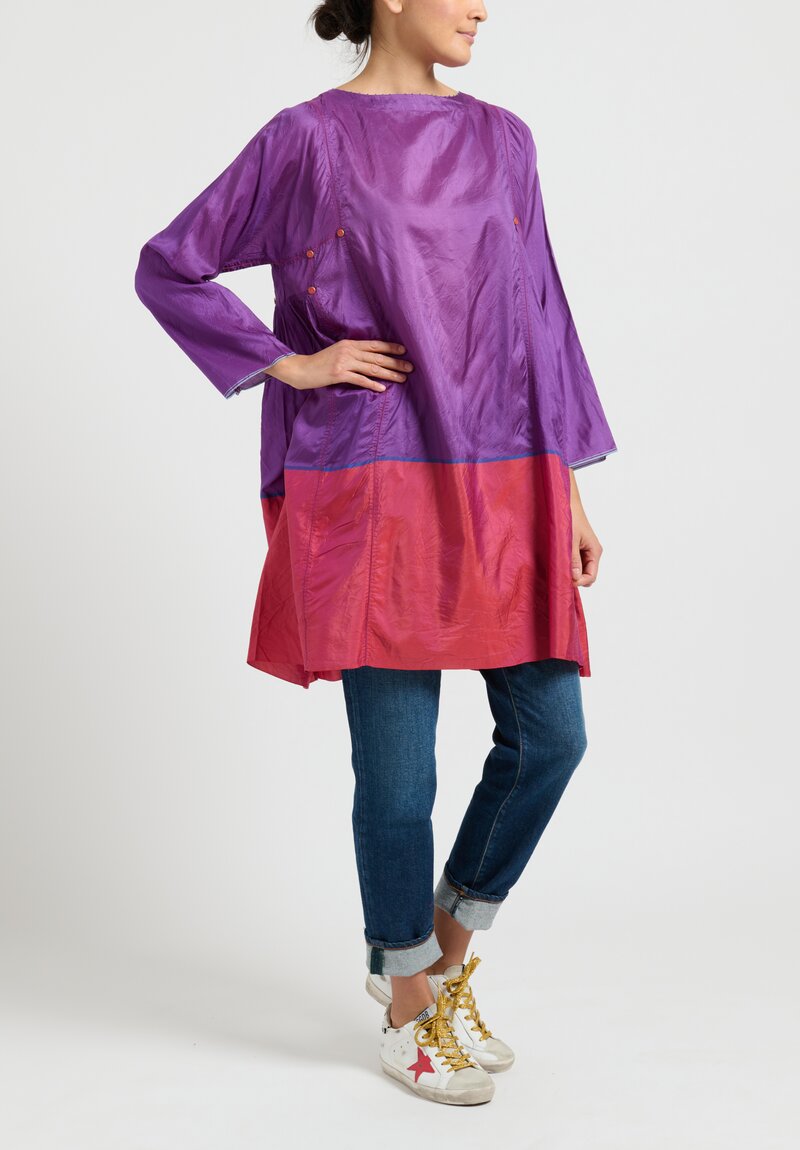 Pero Silk Color-Block Button Up Back Tunic Dress in Purple	