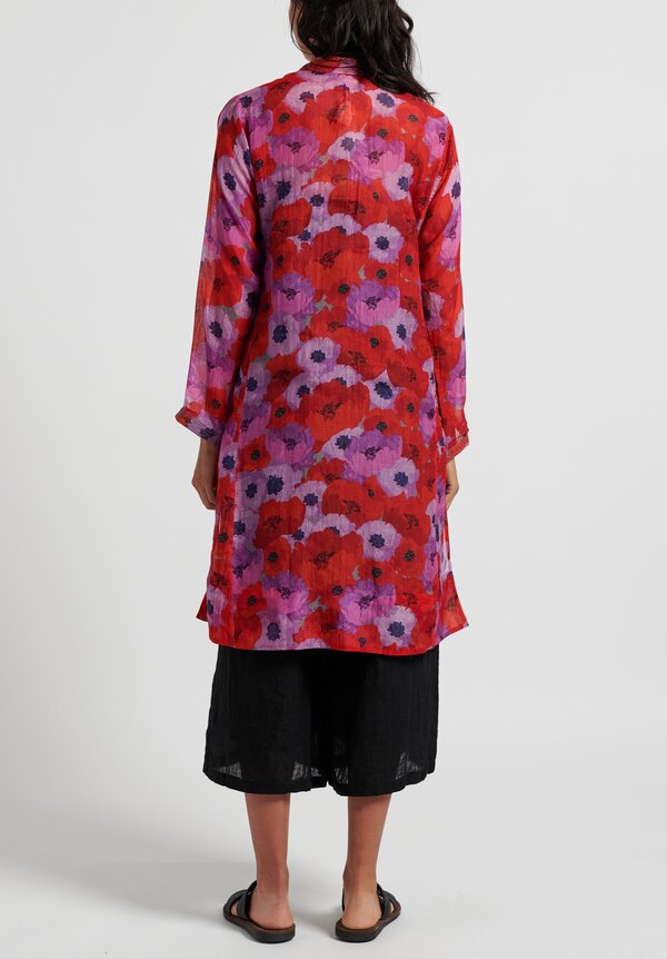 Pero Silk/ Cotton Floral V Neck Dress in Red/ Purple	