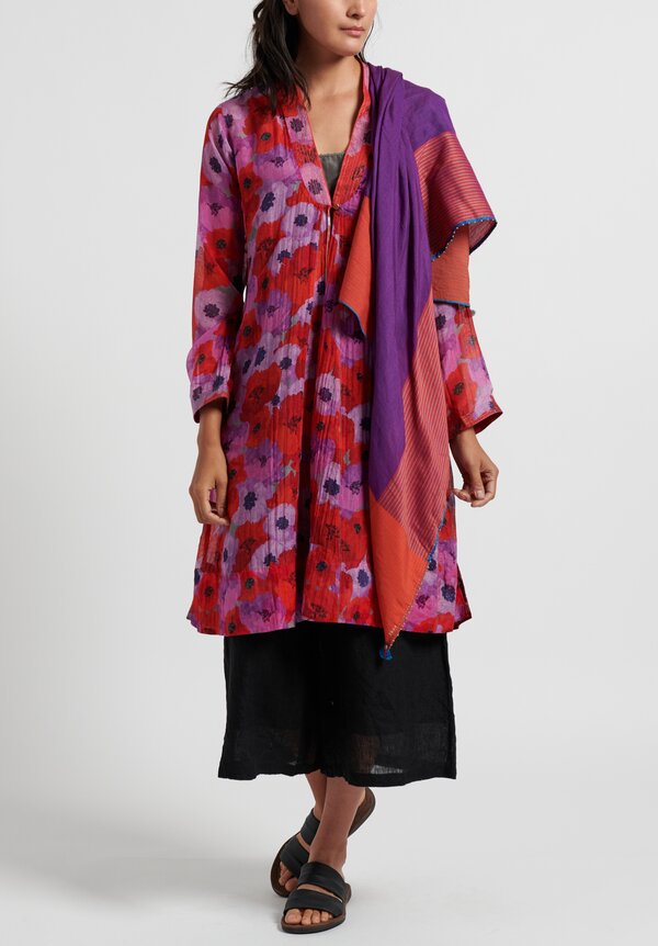Pero Silk/ Cotton Floral V Neck Dress in Red/ Purple	