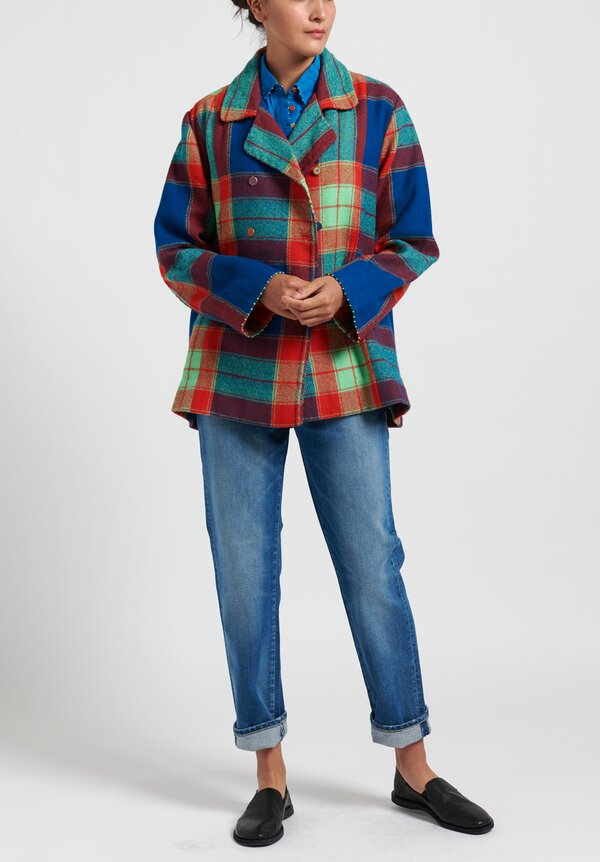 Pero Wool Double Breasted Plaid Jacket in Green/ Blue/ Red	