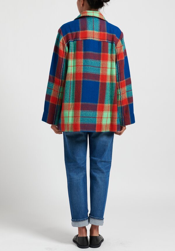Pero Wool Double Breasted Plaid Jacket in Green/ Blue/ Red	