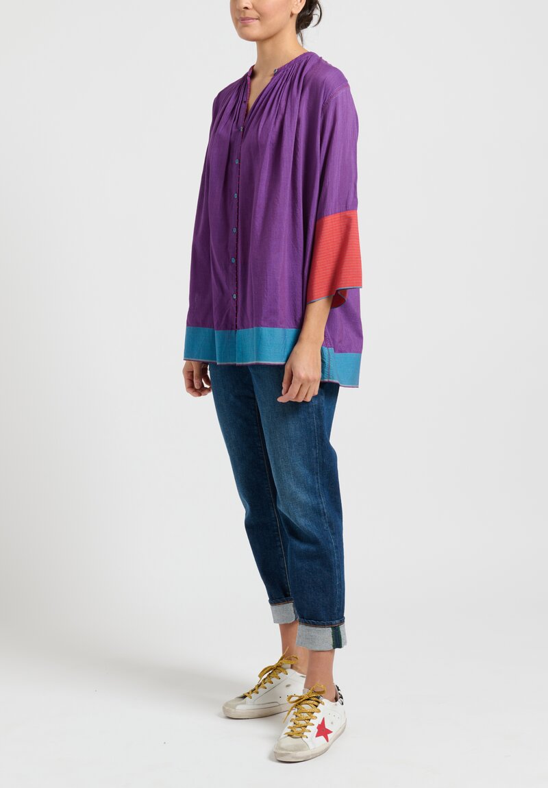 Pero Cotton/ Silk Color-Block Gathered Top in Purple	