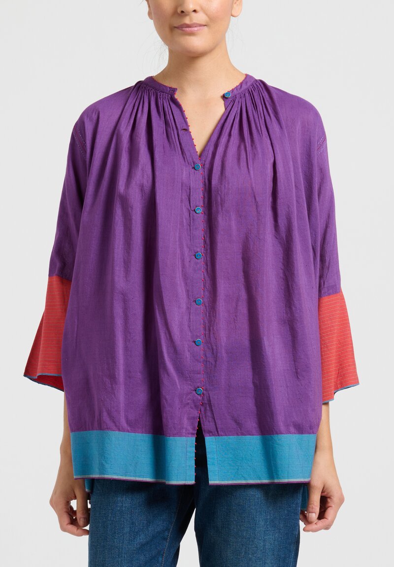 Pero Cotton/ Silk Color-Block Gathered Top in Purple	