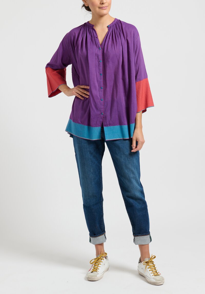 Pero Cotton/ Silk Color-Block Gathered Top in Purple	