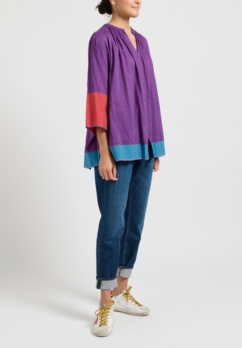 Pero Cotton/ Silk Color-Block Gathered Top in Purple	